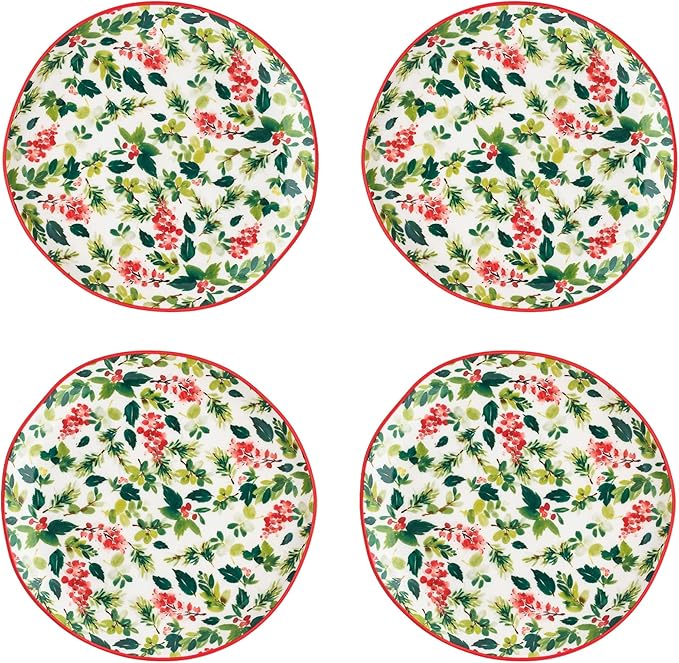10 Strawberry Street Bella Holiday Appetizer Plates, Holly, Set of 4