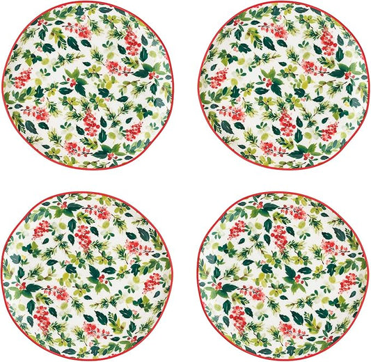 10 Strawberry Street Bella Holiday Appetizer Plates, Holly, Set of 4