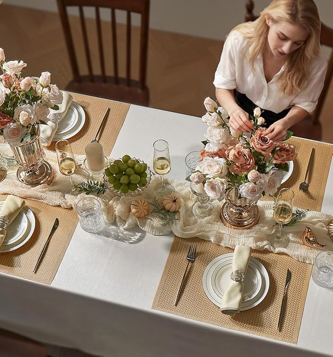 Leetaltree Luxury Gold Sequin Placemats Set of 4 - Waterproof Washable for Wedding, Anniversary, Daily Use - Sparkling Table Decor -Hand-Cut