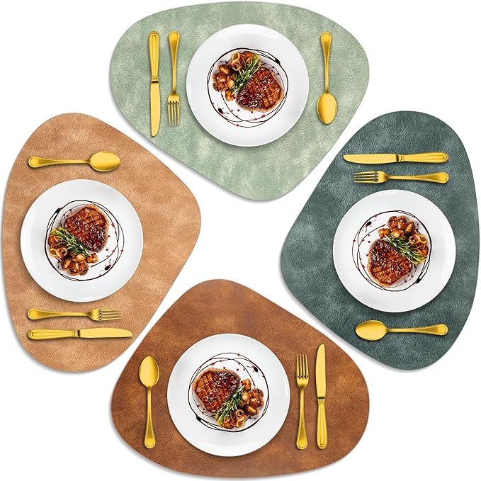 ADRIMER Placemats, Heat Resistant Round Placemats Set of 4 Washable 13 x 17 Inch, Waterproof Table Mats for Kitchen, Dining Room Table Christmas Decor, Turmeric Brown+Camel+Green+Blue