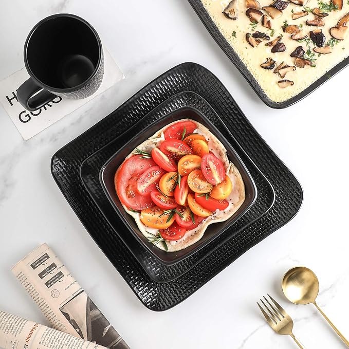 Stone Lain 16 Piece Stoneware Dinnerware set, Square, Weave, Black
