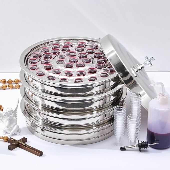 Zhehao 4 Sets Holy Communion Trays for Churches with Lid, Including 300 Disposable Communion Cups, 3 Churches Cup Fillers, 3 Spouts (Silver)