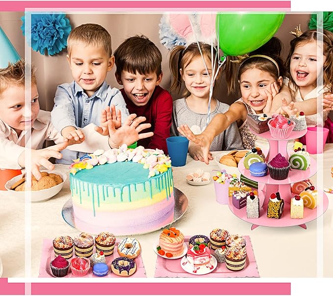 Zopeal 7 Pieces Cake Stand Set 3-Tier Cardboard Cupcake Stand 1-Tier Cupcake Display Round Rectangle Serving Tray Reusable Platters Cupcake Holders for Desserts Birthday Party(Pink)