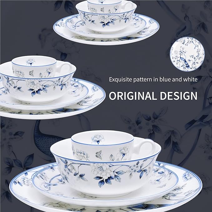 16 PCS Top-Grade Bone China Dinnerware Set for 4,Jingdezhen Blue and White Porcelain Kitchen Bowls Dinner Table Plates Coffee Cups
