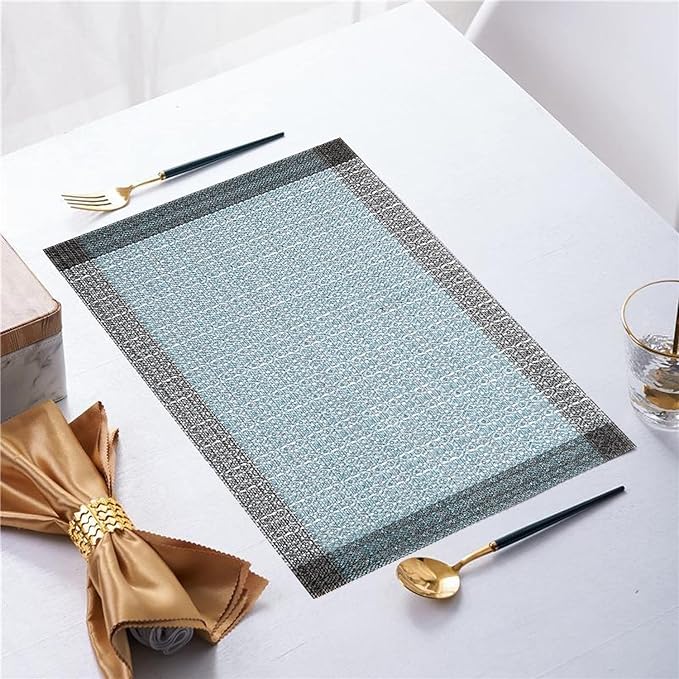 Placemats,PlasticVinyl Washable Heat-Resistant Durable PVC Non-Slip Woven for Kitchen Dining Table Mats (Set of 6, Blue Silver)