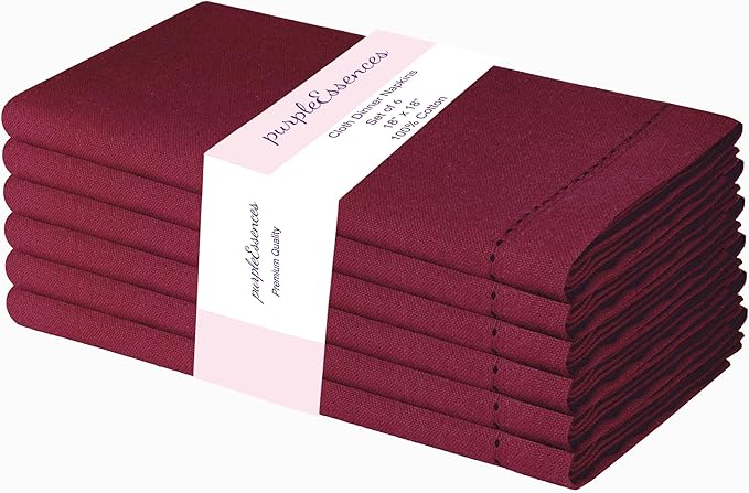 PurpleEssences Set of 6 Hemstitch Cloth Dinner Napkins 100% Cotton - Soft Durable Washable - Ideal for Wedding Spring Easter Summer - Perfect Everyday Use Table Linen 18x18 - Burgundy