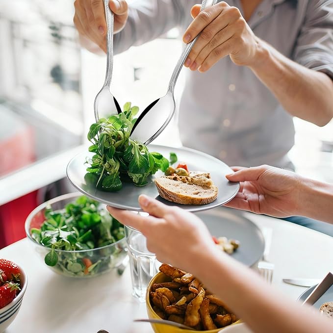 HaWare 6 Pieces Serving Spoons, Stainless Steel Silverware Serving Utensils, Pearled Edge Hostess Silverware for Buffet Party Kitchen Restaurant, Mirror Finished & Dishwasher Safe
