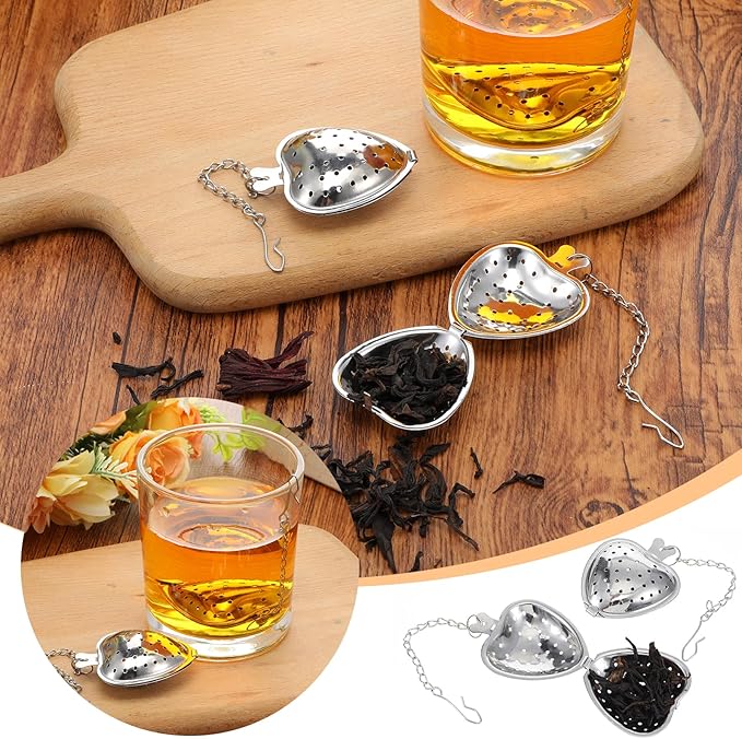 50pcs Heart Shaped Tea Strainers for Loose Tea Filter, Stainless Steel Tea Strainer Ball Infuser Tea Steeper Mesh Filters with Extended Chain Chain Hook for tea party Seasonings Cup Bottle(Silver)