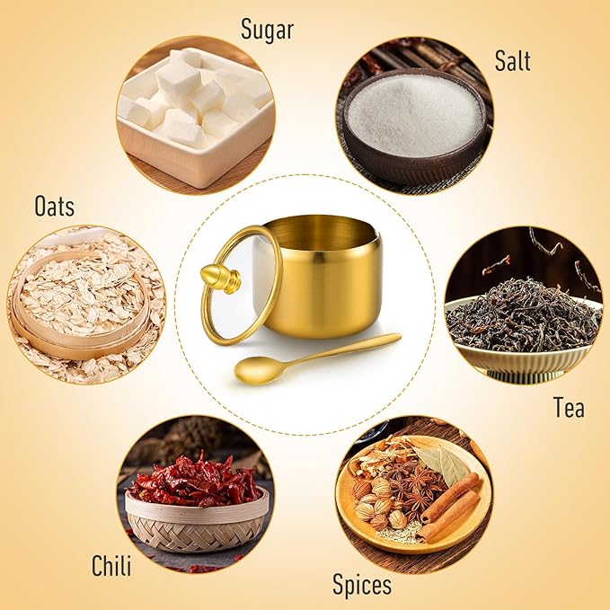4 Pack 10oz Gold Sugar Bowl with Lid And Spoon, Stainless Steel Sugar Creamer Container Durable Round Jar for Coffee Bar Kitchen Accessories Food Storage Containers, Kitchen Decor Housewarming Gift