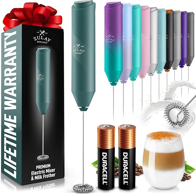 Zulay Kitchen Powerful Milk Frother Handheld with 2 Duracell AA Batteries – Ultra Fast Frother Wand Electric Drink Mixer for Coffee, Lattes, Cappuccinos, Matcha & Hot Chocolate – Portable Foam Maker