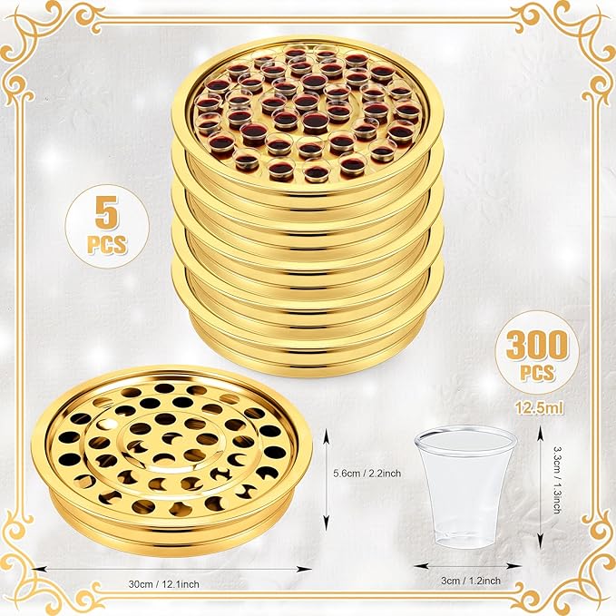 Zhehao 5 Pcs Easter Communion Trays for Churches Set Church Supplies Plates for Church with Disposable Cups (Gold)