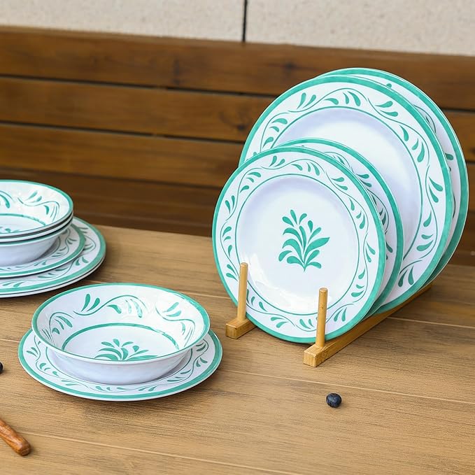 Melamine Dinnerware Sets 12 Pcs, Melamine Plates and Bowls,Party Plates and Bowls Sets, Camping Dishes Set for 4, Unbreakable, BPA Free, Dishwasher Safe （Green water drop flower）