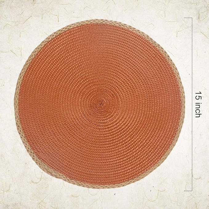 Noctiflorous Round Placemats Set of 8, 15 Inch Braided Hand Woven Table Mats, Heat Resistant Non-Slip Wipeable Thin Edge Place Mats for Kitchen Dining Indoor Outdoor Use(Dark Orange, 8)
