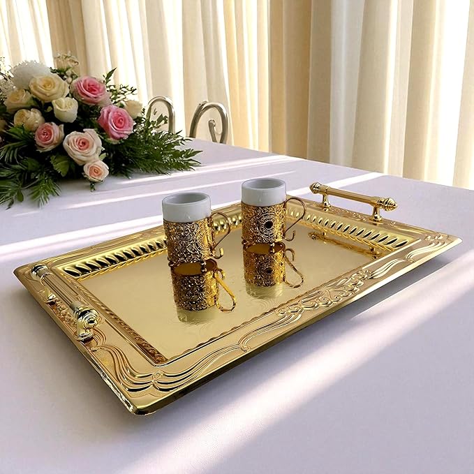 (Pack of 2) 18.1 inch x 13.6 inch Rectangular Iron Gold Plated Serving Tray with Handles Floral Engraved Decorative Party Wedding Buffet Wine Candle Decor Platter Plate Base Dish NC-072