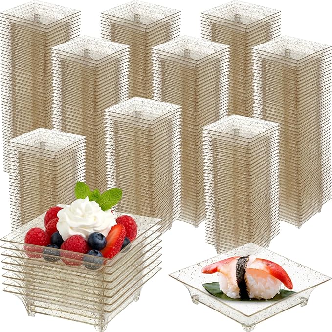 500 Pcs Mini Appetizer Plates Bulk 1 oz 2.4 Inch Square Plastic Dessert Plates Disposable Appetizer Tray for Wedding Shower Valentine's Salad Cake Afternoon Tea Birthday Party (Gold)