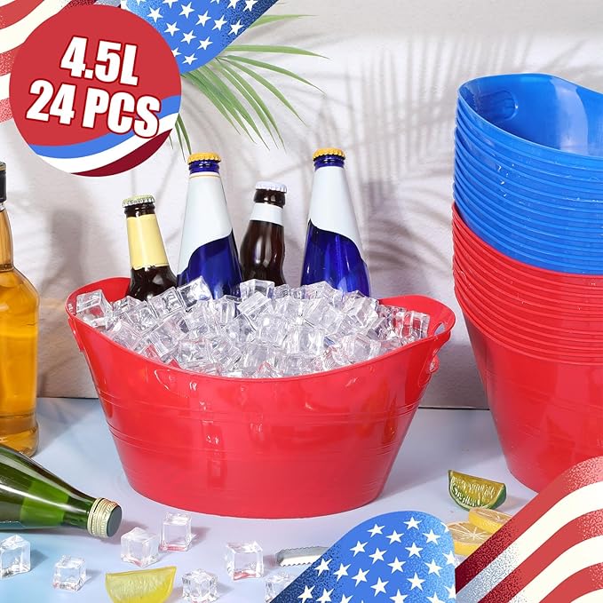 Norme 24 Pcs Oval Storage Tub with Handles 4.5L Plastic Ice Bucket, Wine, Beer, Champagne Drink Cooler for Parties, Beverage Storage Basket(Blue & Red)