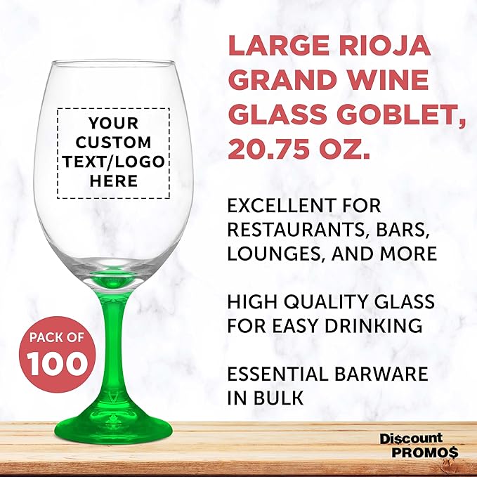 Custom Rioja Grand Wine Glasses 20.75 oz. Set of 100, Personalized Bulk Pack - Perfect for Hotel, Bar, Restaurant or Lounge - Green