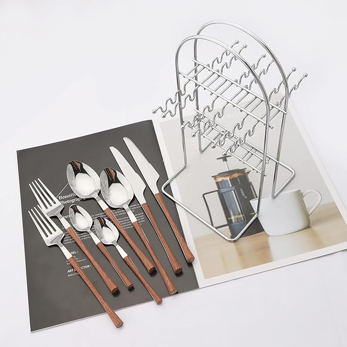 25 PCS Silverware Set with Storage Holder - Family Flatware Set Service for 6 - Silver Stainless Steel Cutlery Set with Wood Grain Handle - Tableware Utensils Set with Hanging Rack - Mirror Polished