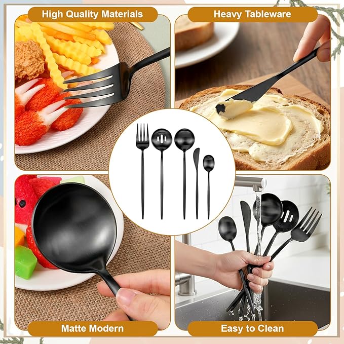 5 Pcs Black Stainless Steel Serving Utensils Set 10 Inch Black Serving Flatware Set, Includes Serving Fork, Slotted Spoon, Sugar Spoon, Butter Knife for Buffet, Wedding, Party