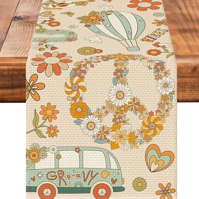 Retro Flowers Table Runner Seasonal Holiday Kitchen Dining Linen Table Decoration for Indoor Outdoor Home Party Decor 13 x 72 Inch