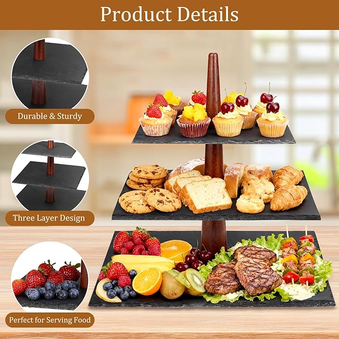3 Tier Serving Tray Stand, Square Slate & Acacia Wood Tiered Display for Desserts, Appetizers, Cupcakes - Rustic Modern for Weddings, Parties, Christmas