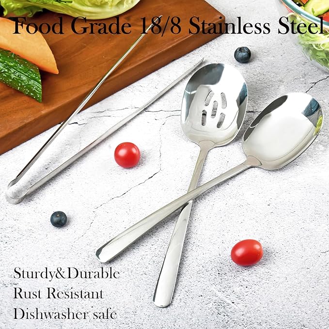 3 PCS Long Handle Stainless Steel Serving Utensils,18/8 Large Serving Spoons Set, Include Serving Spoon,Slotted Spoon,Serving Tong, Kitchen Utensil, for Buffet Catering Banquet, Dishwasher Safe