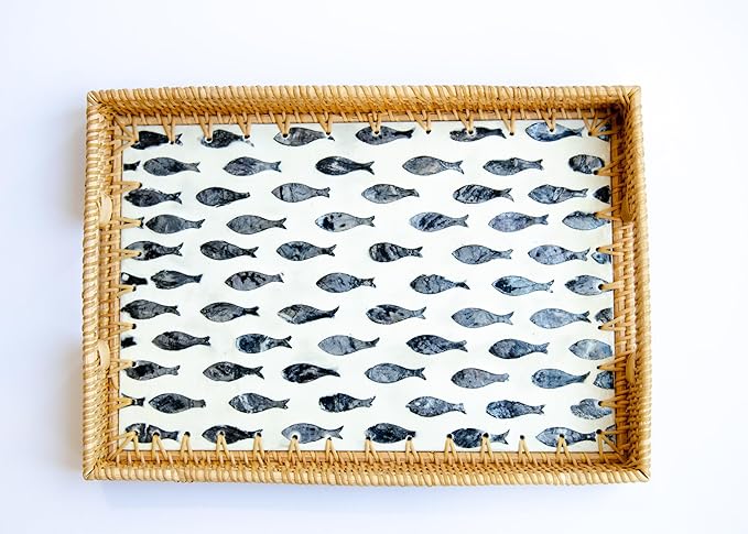 Magenta & Teal Decorative Rectangle Rattan Serving Tray 13x9 inch Mother of Pearl Inlay, Wicker Coffee Table Decor, Farmhouse (Navy Fish)