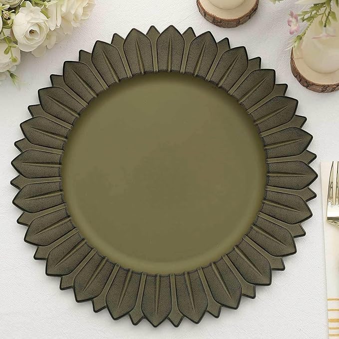 13" Charger Plates - Set of 12 - Matte Olive Green Sunflower Plastic Chargers, Disposable Round Acrylic Serving Trays For Dinner Wedding Party Events