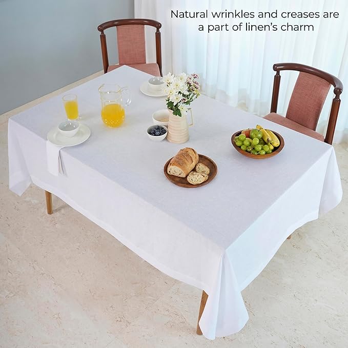 D'Moksha Homes White Linen Tablecloth 60 x 120 Inch - 100% Pure Linen Tablecloth for Rectangle Tables - Machine Washable Table Cloth for Winter, Christmas, Holiday, New Year