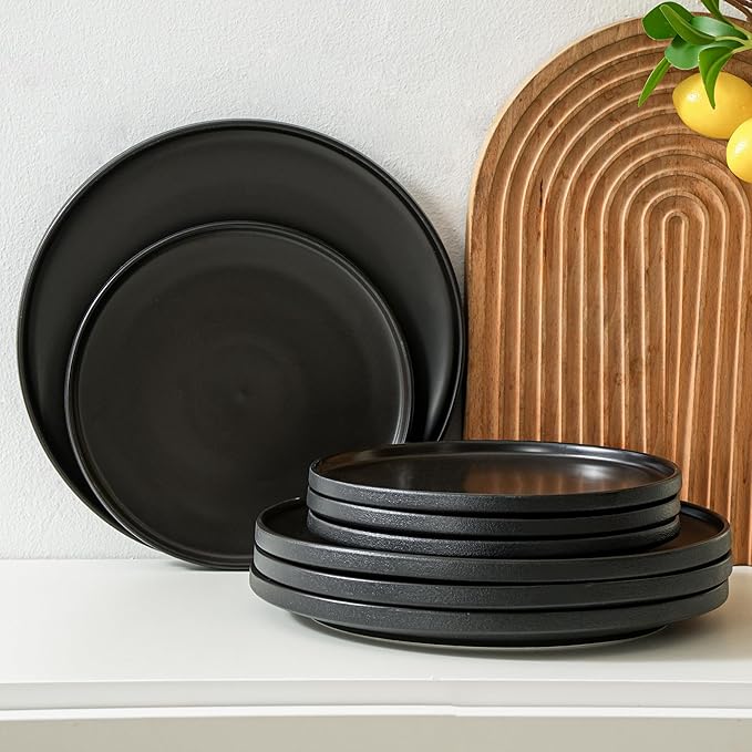Ceramic Dinner Plates, 10.25 Inch Flat Dish Set for 4, Perfect for Family and Entertaining, Microwave & Dishwasher Safe, Dinner Dishes for Steak, Sandwiches, Pizza, Pasta, Modern Black