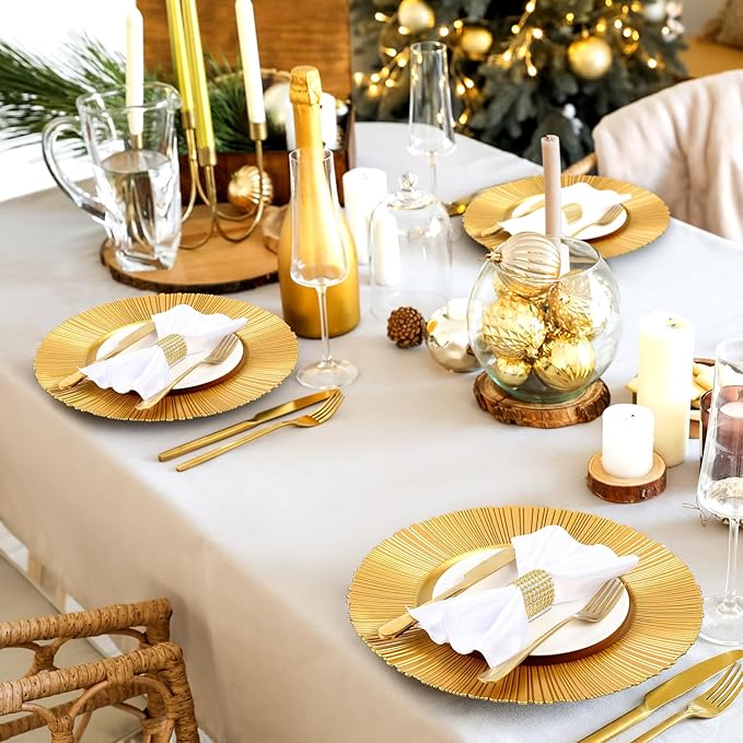 Yaomiao 50 Pcs 13 Inch Gold Charger Plates Bulk Plastic Plates Chargers Round Dinner Chargers for Wedding Party Table Setting Bridal Shower Event Decor (Gold)