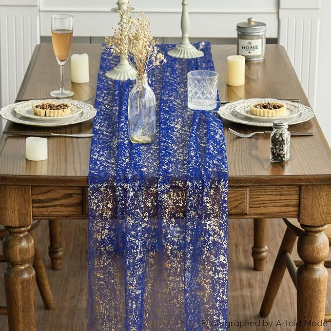 Artoid Mode 10PCS Blue Gold Gauze Table Runner 120 Inch 10FT, Glitter Metallic Foil Sheer Dining Wedding Anniversary Holiday Table Decor for Home Party