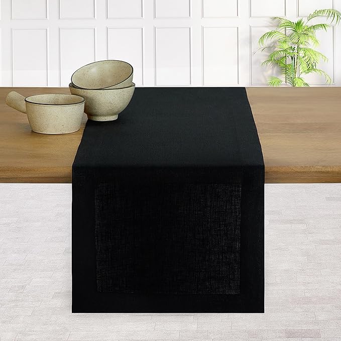 D'Moksha Homes Linen Black Table Runner 120 Inches Long - 100% Pure Linen Dining Table Runner 14 x 120 Inch for Winter, Christmas, Holiday, New Year - Machine Washable