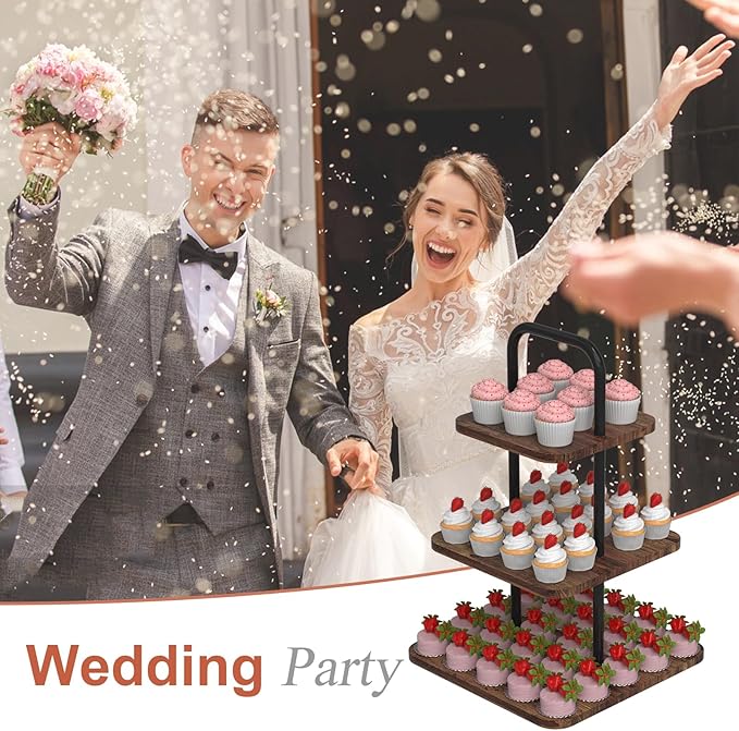 Cupcake Stand, 3-Tier Dessert Stand for 32 Cupcakes, Wood & Metal Tower Display Premium Holder Dessert Tree Tower for Christmas Birthday Weddings Party Decor, Serving Tray, Wood Brown
