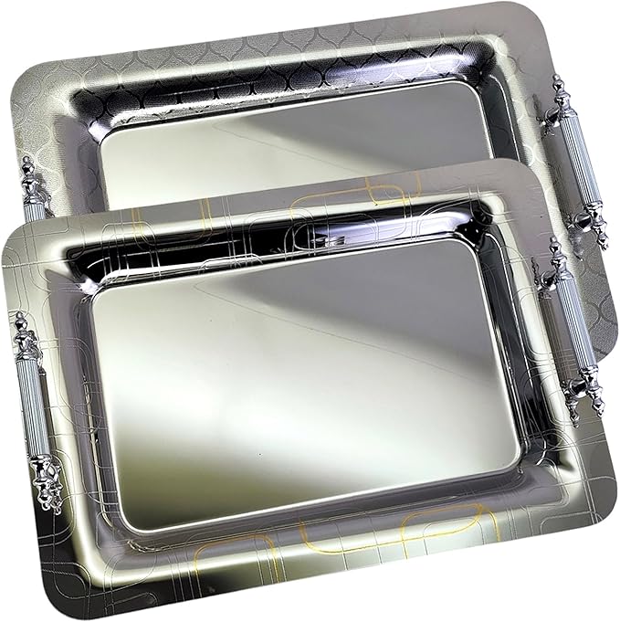 (Pack of 2) 18.5 inch x 13 inch Oval Chrome Plated Silver Serving Tray Stylish Design Iron Gold Floral Engraved Edge in Party Decor Birthday Gift Platter Plate NC-114