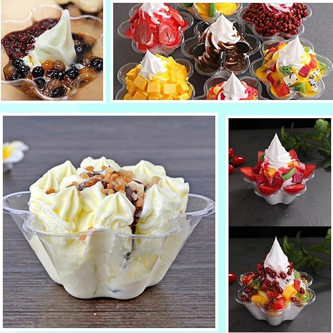 200 Pack Plastic Ice Cream Bowls 8.5Oz Clear Plastic Ice Cream Dessert Bowls Sundae Snack Fruit Salad Bowl Clear Flower Shape Appetizer Cup Chocolate Dessert Sundae and Nuts