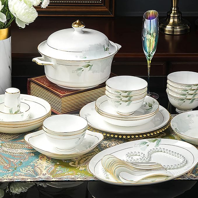 Bone China Dinner Set, Porcelain White Dinnerware Kitchen Dinning Round Tableware Combination Set with Cereal Bowls Dessert Plates and Soup Plates,