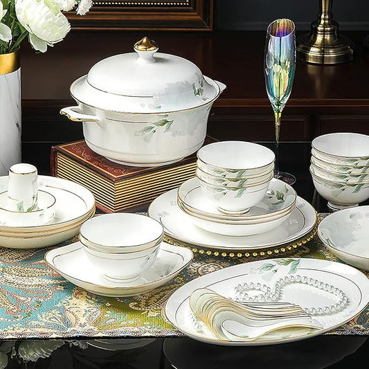 Bone China Dinner Set, Porcelain White Dinnerware Kitchen Dinning Round Tableware Combination Set with Cereal Bowls Dessert Plates and Soup Plates,