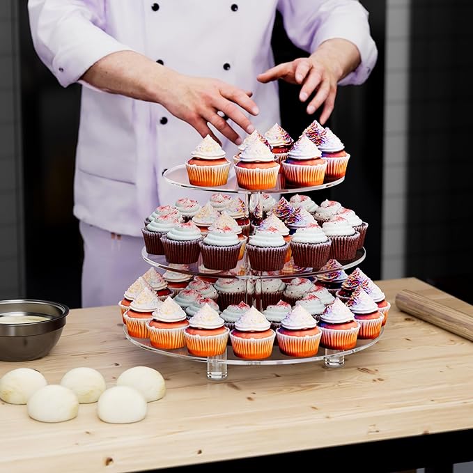 3 Tier Cupcake Tower with 10" 12" 14" 4mm Thick Heavy-Duty Trays, Acrylic Dessert Display Stand for Weddings, Parties, Baby Showers, Round Cupcake Display Stand