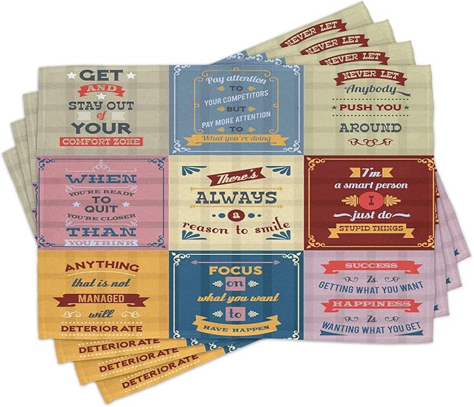 Ambesonne Saying Place Mats Set of 4, Words Pattern Success with Positive Attitude Themed Art Print, Washable Fabric Placemats for Dining Table, Standard Size, Yellow Pink