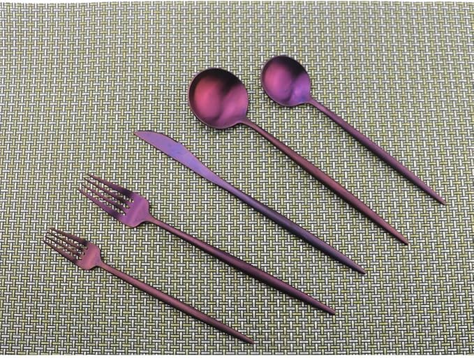 Flatware Set for 2, Luxury 10 Pieces Purple Plated Copper Color 18/10 Stainless Steel Silverware Flatware Sets Spoons Knives and Forks Set, Service for 2