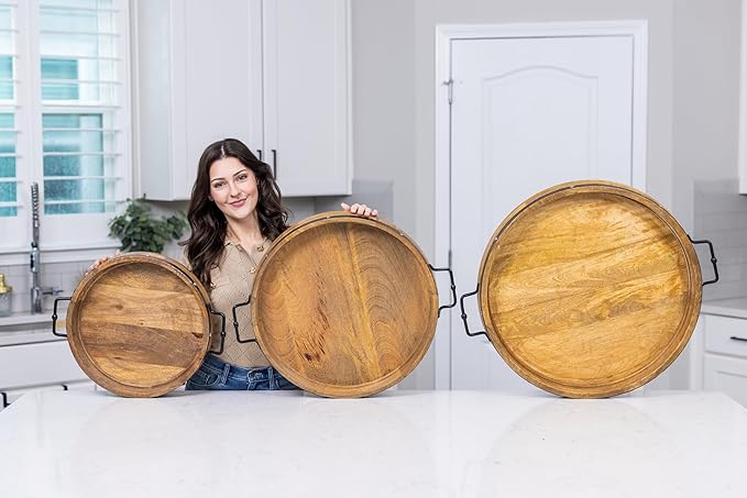 20" Extra Large Round Ottoman Tray, Heavy Duty Mango Wood, for Serving Tea, Breakfast in Bed, Living Room Large Coffee Table Tray Rustic with Farmhouse Style, Decorative Handles and Accent Strap