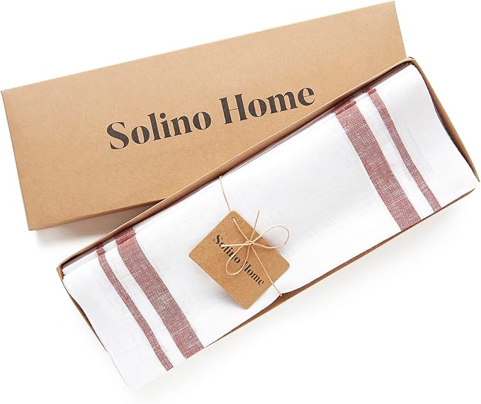 Solino Home Striped Linen Placemats Set of 4-100% Pure Linen Burgundy and White Place Mats 14 x 19 Inch for Christmas, Holiday, Winter, New Year - French Stripe