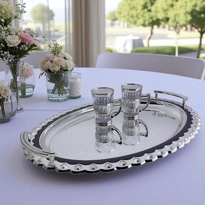(Pack of 2) 17.8 inch x 13 inch Oval Chrome Plated Silver Serving Tray Stylish Design Floral Engraved Blue Edge Party Decorative Birthday Gift Dessert Platter Plate NC-105