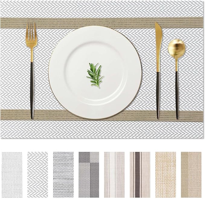 AHHFSMEI Placemats for Dining Table Set of 4 Woven Vinyl Plastic Place Mats Non-Slip Heat Insulation Stain Resistant Table Mats Washable Easy Clean Placemats (White Wave Stripe 4)