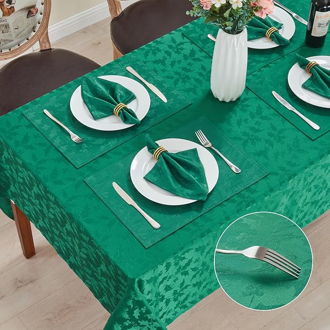 Rectangle Christmas Jacquard Table Cloth Waterproof Elegant Damask Floral Pattern Heavy Weight Wipeable Wrinkle Free Fabric Table Covers for Dinner or Daily Uses(Dark Green/60x84Inch)