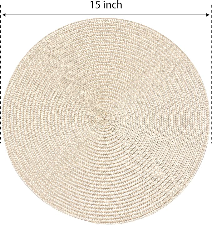 FunWheat Round Braided Placemats Set of 8 Place Mats for Dining Table Woven Washable Non-Slip Table Mats 15 Inch(Ivory,8pcs)