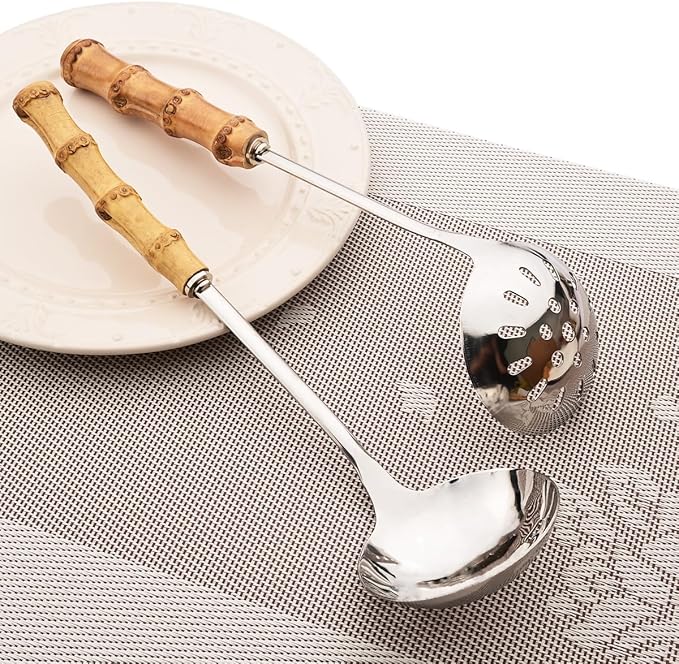 Gugrida Flatware Silverware Serving Set Silver Stainless Steel Hostess Serving Utensil Set with Bamboo Handle Dishwasher Safe, 2 Soup Spoon 2 Slotted Spoon