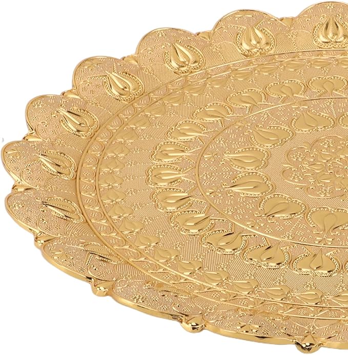 Semme Vintage Turkish Coffee Serving Tray with Embossed Pattern Multi Purpose Round Metal Plate for Home Bar and Special (Gold)