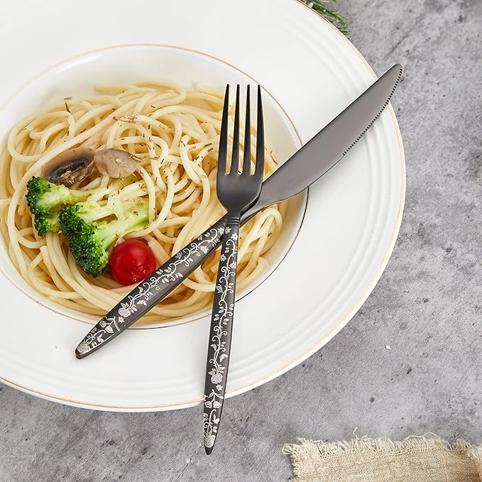 12-Piece Black Silverware Set, Flower Pattern Fancy Knife, Spoons and Forks, Stainless Steel Flatware Cutlery, Serving Utensil Set With Steak Knives, Forks and Spoons
